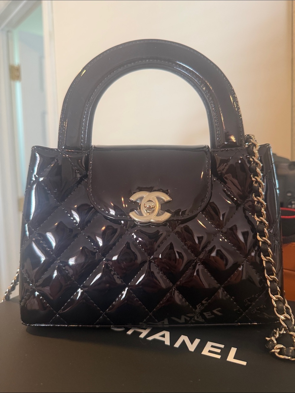 CHANEL Black Patent Quilted Top-Handle Satchel with Gold Chain
